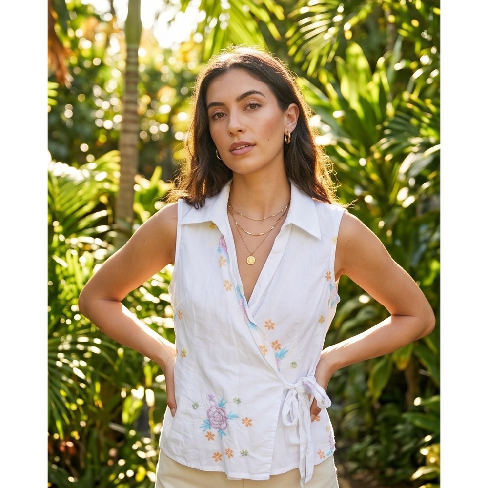 Jaramago L White Linen Floral Embroidered Sleeveless Wrap Blouse Top Size 40